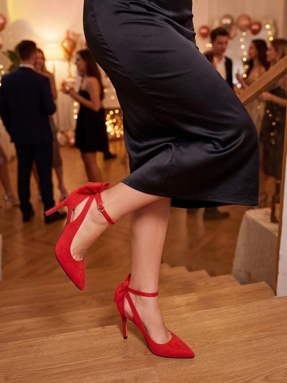 Women's Red Pointed Toe High Heels Ankle Strap Pumps Bowtie Back Dress Shoes - Picture 3 of 5
